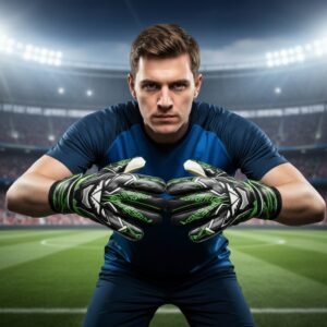 Goalkeeper wearing soccer goalkeeper gloves holding a soccer ball in front of a stadium-style background.