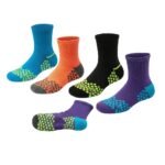 Multiple pairs of soccer grip socks in different colors arranged on a plain background.