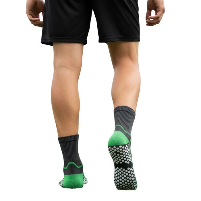 Back view of a model wearing soccer grip socks, showing the heel and calf area on a plain background.