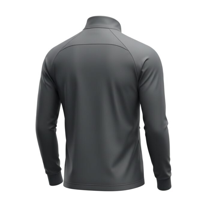 Back view of a soccer jacket with long sleeves on a plain background