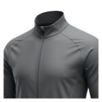 Close-up of a soccer jacket front showing zipper, collar, and chest area on a plain background.