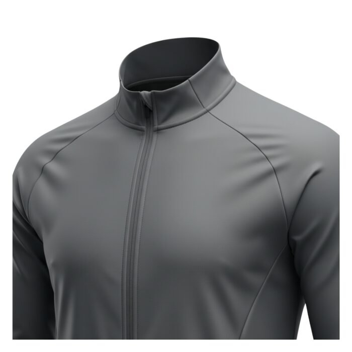 Close-up of a soccer jacket front showing zipper, collar, and chest area on a plain background.