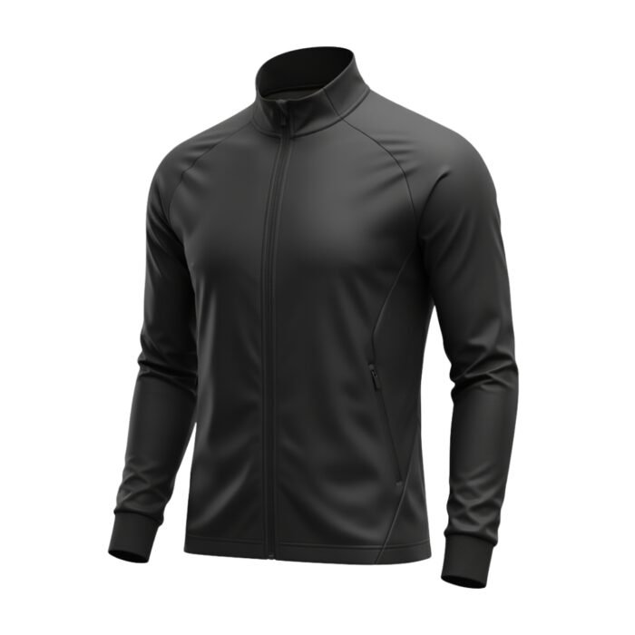 Full front view of a dark gray soccer jacket with long sleeves on a plain background. ​
