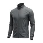 Full front view of a soccer jacket with long sleeves and zip front on a plain background