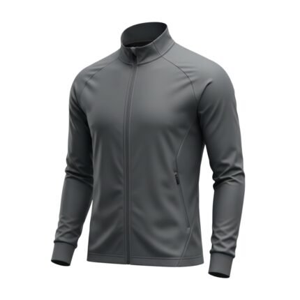 Full front view of a soccer jacket with long sleeves and zip front on a plain background