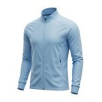 Full front view of a gray and azure soccer jacket with long sleeves on a plain background