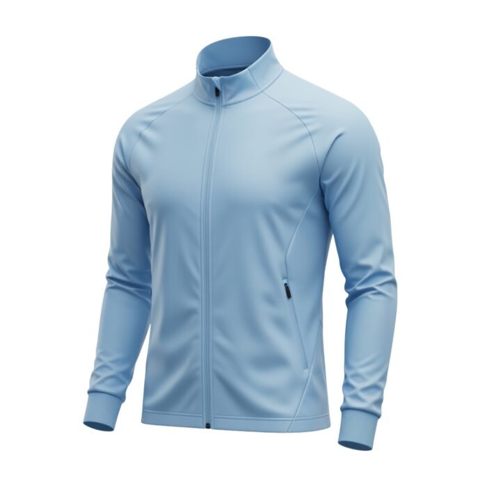 Full front view of a gray and azure soccer jacket with long sleeves on a plain background