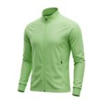 Full front view of a gray and green soccer jacket with long sleeves on a plain background