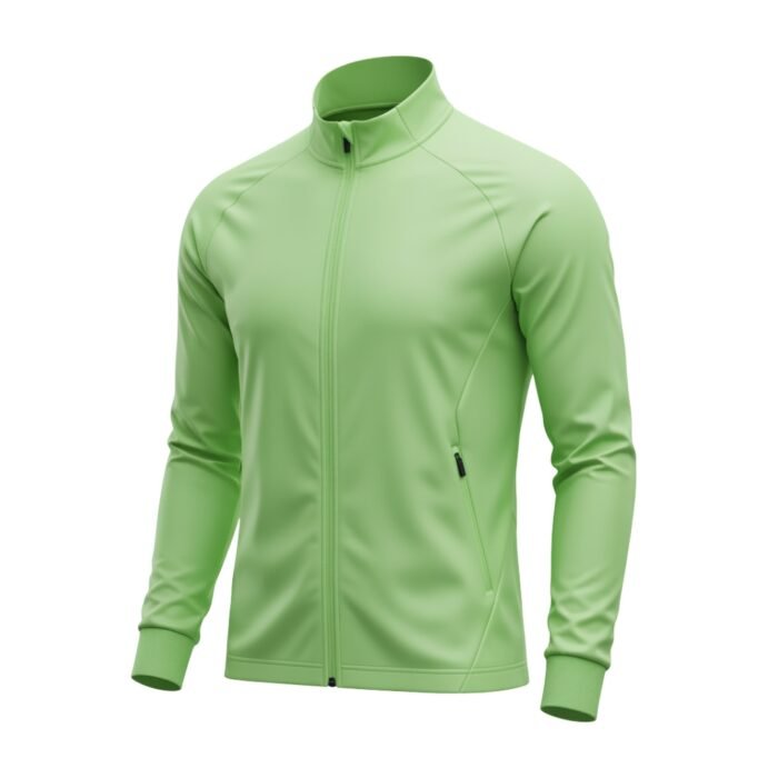 Full front view of a gray and green soccer jacket with long sleeves on a plain background