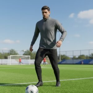 Male soccer player wearing a soccer jacket while running with the ball on an outdoor field