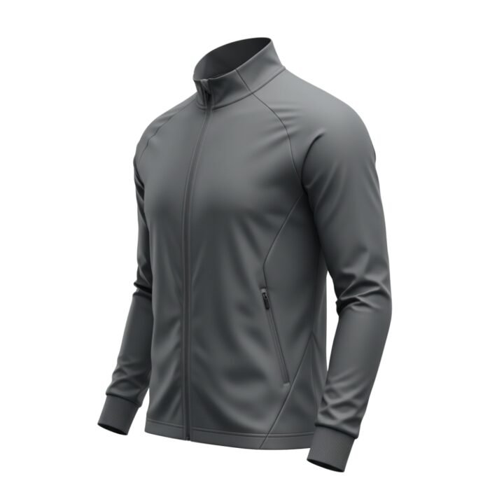 Side view of a soccer jacket with long sleeves on a plain background