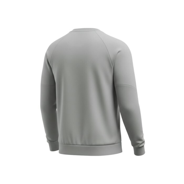 Back view of a soccer player sweatshirt with long sleeves on a plain background.