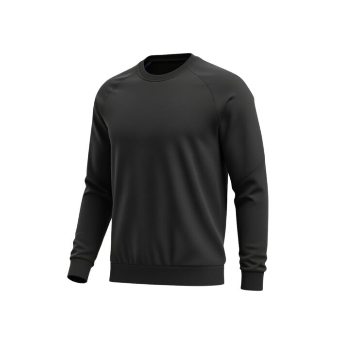 Full front view of a black soccer player sweatshirt with long sleeves on a plain background