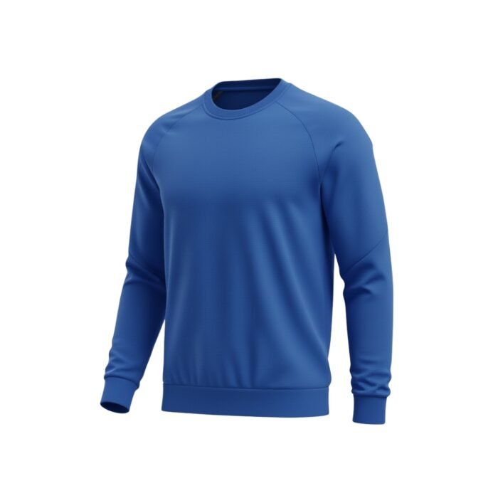 Full front view of a blue soccer player sweatshirt with long sleeves on a plain background