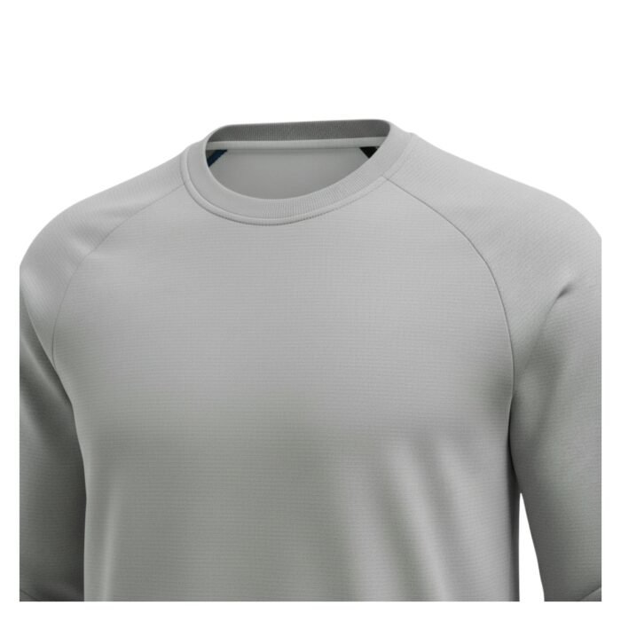 Close-up of a soccer player sweatshirt front showing the chest area and fabric texture on a plain background