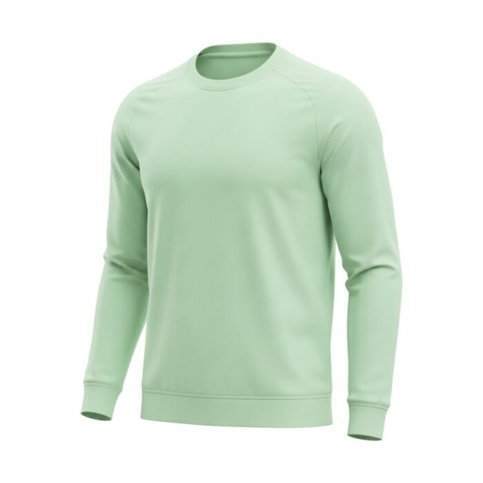 Full front view of a gray and green soccer player sweatshirt with long sleeves on a plain background