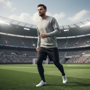 Male soccer player wearing a soccer player sweatshirt while running with the ball on an outdoor field