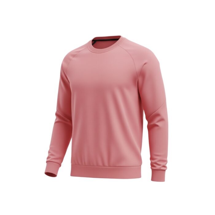 Full front view of a red soccer player sweatshirt with long sleeves on a plain background