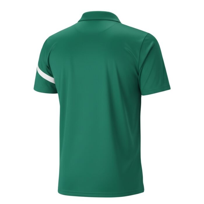 Emerald green short-sleeve polo shirt with a back view on a white background.