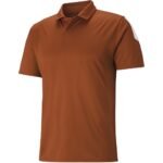 Rust brown short-sleeve polo shirt with a front view on a white background.