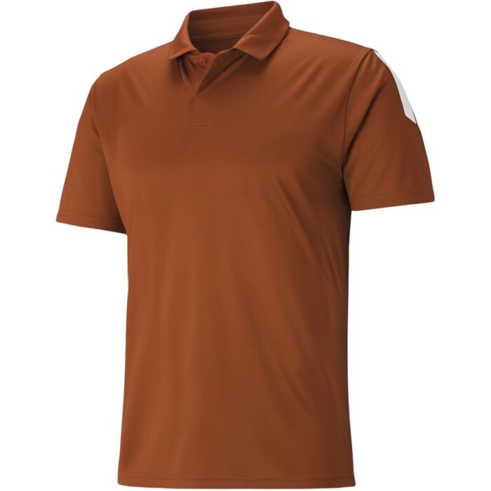 Rust brown short-sleeve polo shirt with a front view on a white background.