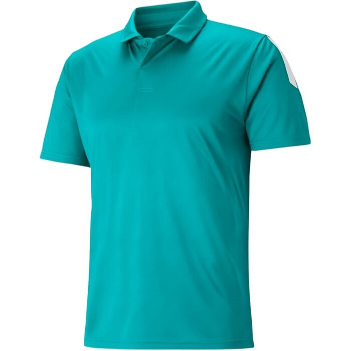 Teal short-sleeve polo shirt with a front view on a white background.