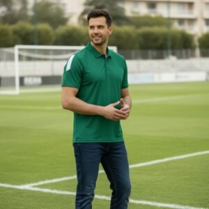 Green short-sleeve polo shirt with white side stripe, worn by a man on a soccer field