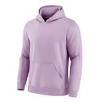 Front-facing studio shot of a light purple pullover hoodie on a white background. It has a kangaroo pocket, ribbed cuffs and hem, a relaxed silhouette, and a lined hood.