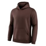 Brown hoodie on white background, featuring a front kangaroo pocket, ribbed hem and cuffs, and matching brown hood.