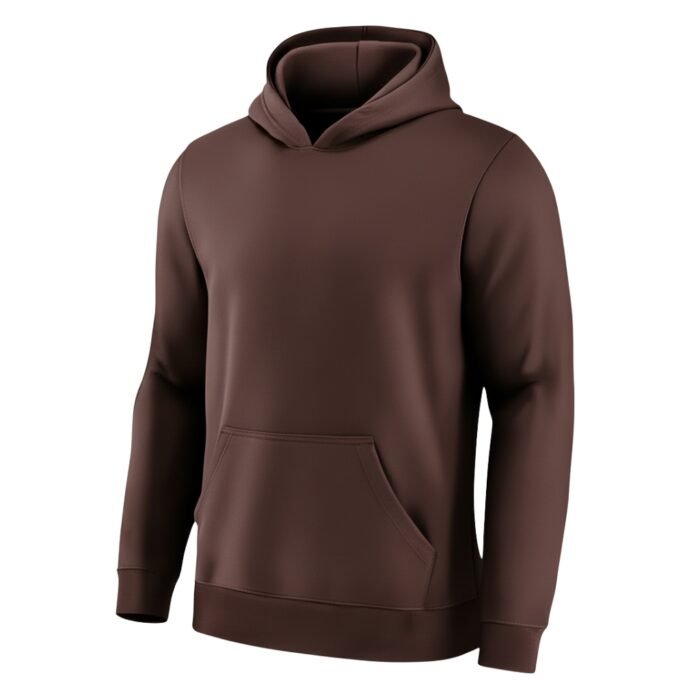 Brown hoodie on white background, featuring a front kangaroo pocket, ribbed hem and cuffs, and matching brown hood.
