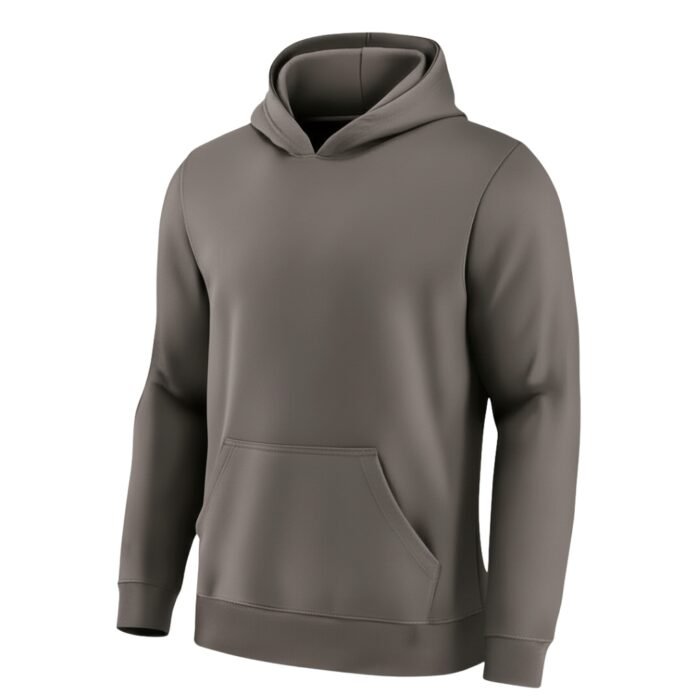 Studio portrait of a gray pullover hoodie with an attached hood and a front kangaroo pocket. The hoodie has a relaxed silhouette, ribbed cuffs and hem, and no visible logo or text.