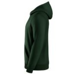 Side view of a dark green hooded sweatshirt on a plain white background. Features a relaxed fit, adjustable drawstring hood, front left pouch pocket, ribbed cuffs, and ribbed hem.