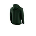 Back view of a dark green hooded sweatshirt with an adjustable drawstring hood, long sleeves, and a straight hem. Worn on a neutral mannequin against a white background.
