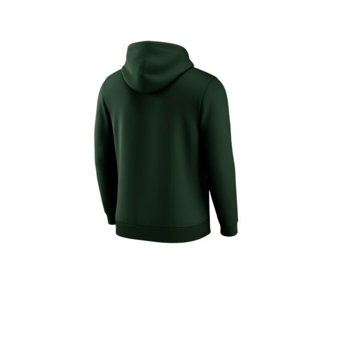 Back view of a dark green hooded sweatshirt with an adjustable drawstring hood, long sleeves, and a straight hem. Worn on a neutral mannequin against a white background.