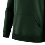 Dark green soccer pullover hoodie with front pouch pocket, ribbed hem and cuffs, shown on plain white background