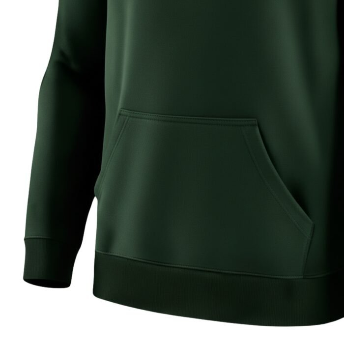 Dark green soccer pullover hoodie with front pouch pocket, ribbed hem and cuffs, shown on plain white background