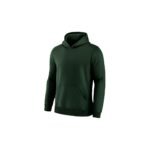 Dark green soccer hoodie with adjustable drawstring hood, front kangaroo pocket, ribbed cuffs and hem, relaxed fit — shown on white background with hood up.