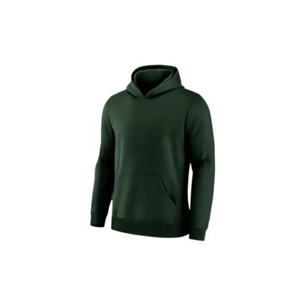 Dark green soccer hoodie with adjustable drawstring hood, front kangaroo pocket, ribbed cuffs and hem, relaxed fit — shown on white background with hood up.