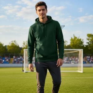 A person wearing a dark green athletic pullover hoodie and gray athletic pants stands centered on a grass soccer field, facing forward. Behind them, a white soccer goal is visible, with blurred spectators in stadium seating under a sunny blue sky.