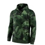 Green camouflage-patterned pullover hoodie with a front kangaroo pocket, ribbed cuffs and hem, unlined hood, and standard relaxed fit.