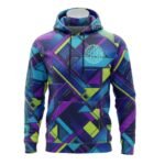 A purple, blue, and lime green geometric-patterned hoodie on a mannequin. A light blue globe logo appears centered on the chest. The left sleeve features a circuit board design. Plain white background.