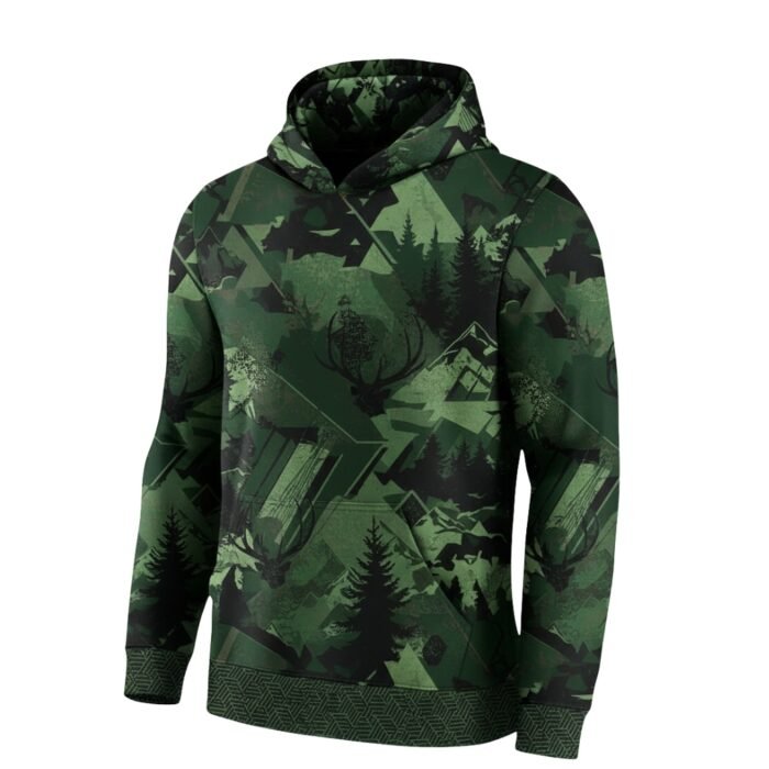Green camouflage-patterned pullover hoodie with a front kangaroo pocket, ribbed cuffs and hem, unlined hood, and standard relaxed fit.