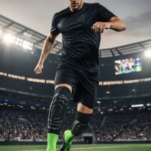 Soccer player model wearing shinguard sleeves, posing in front of a soccer-themed background