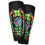 Soccer shinguard sleeves with sublimated graphic design laid flat on a plain background