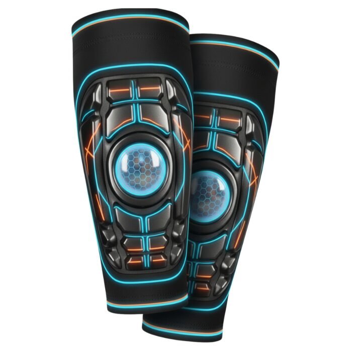 Soccer shinguard sleeves with sublimated design laid flat on a plain background.