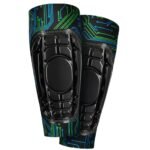 Soccer shinguard sleeves with sublimated design laid flat on a plain background.