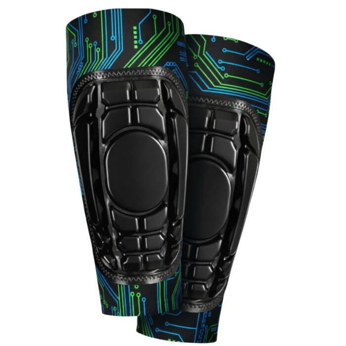 Soccer shinguard sleeves with sublimated design laid flat on a plain background.