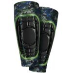 Soccer shinguard sleeves with sublimated design laid flat on a plain background