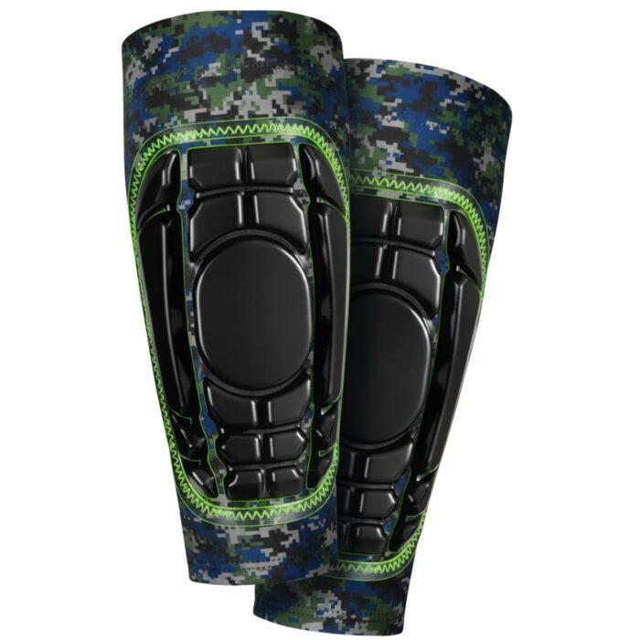 Soccer shinguard sleeves with sublimated design laid flat on a plain background