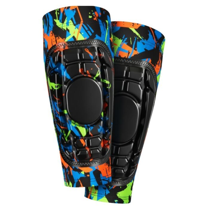 Soccer shinguard sleeves with sublimated design laid flat on a plain background